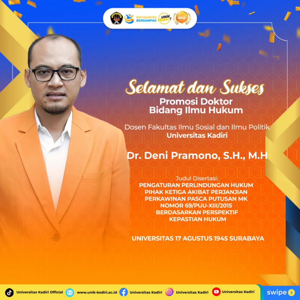 Universitas Kadiri Apresiasi Promosi Doktor Dr. Deni Pramono, S.H., M.H. dalam Bidang Ilmu Hukum